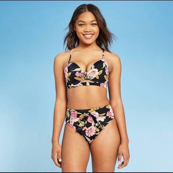 High leg, high waisted Floral scarf tie bikini D22 - Picture 4 of 10